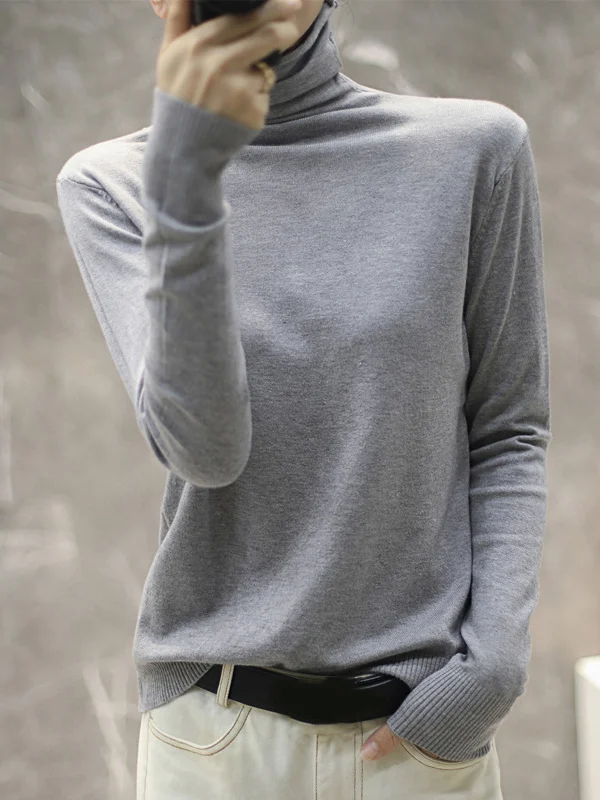 Simple Loose Long Sleeves Solid Color High-Neck Pullovers