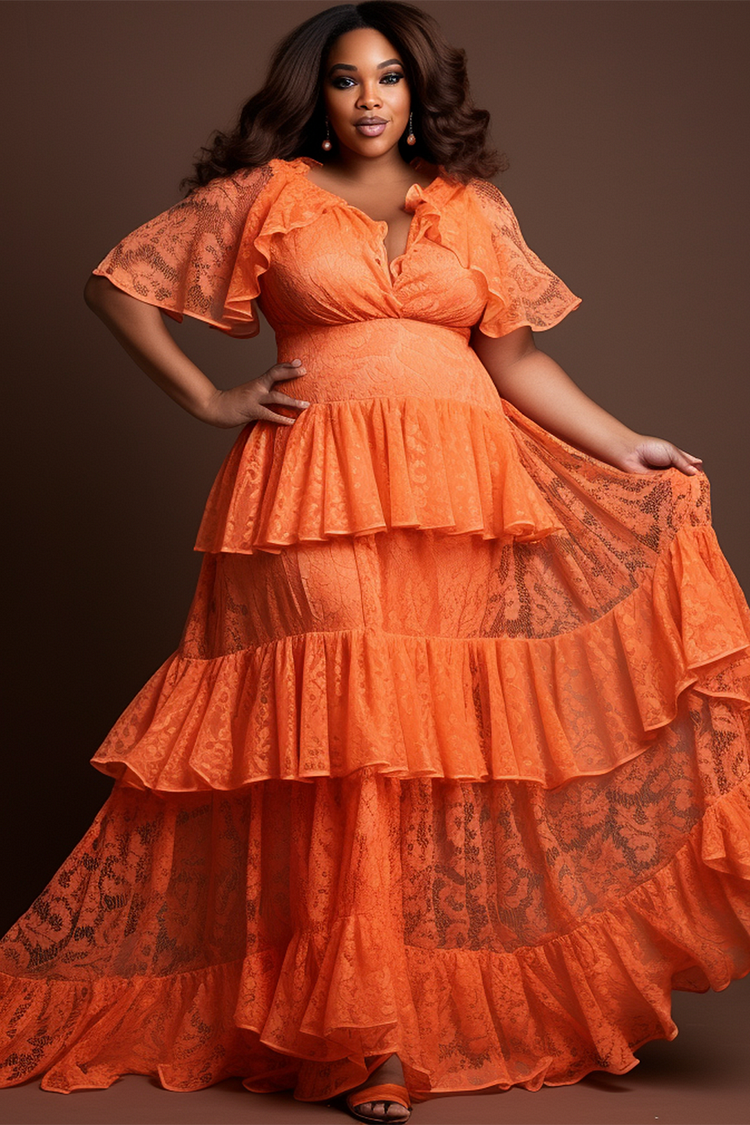 Xpluswear Design Plus Size Vacation Orange V Neck Ruffle Sleeve Flounce Lace Maxi Dresses 
