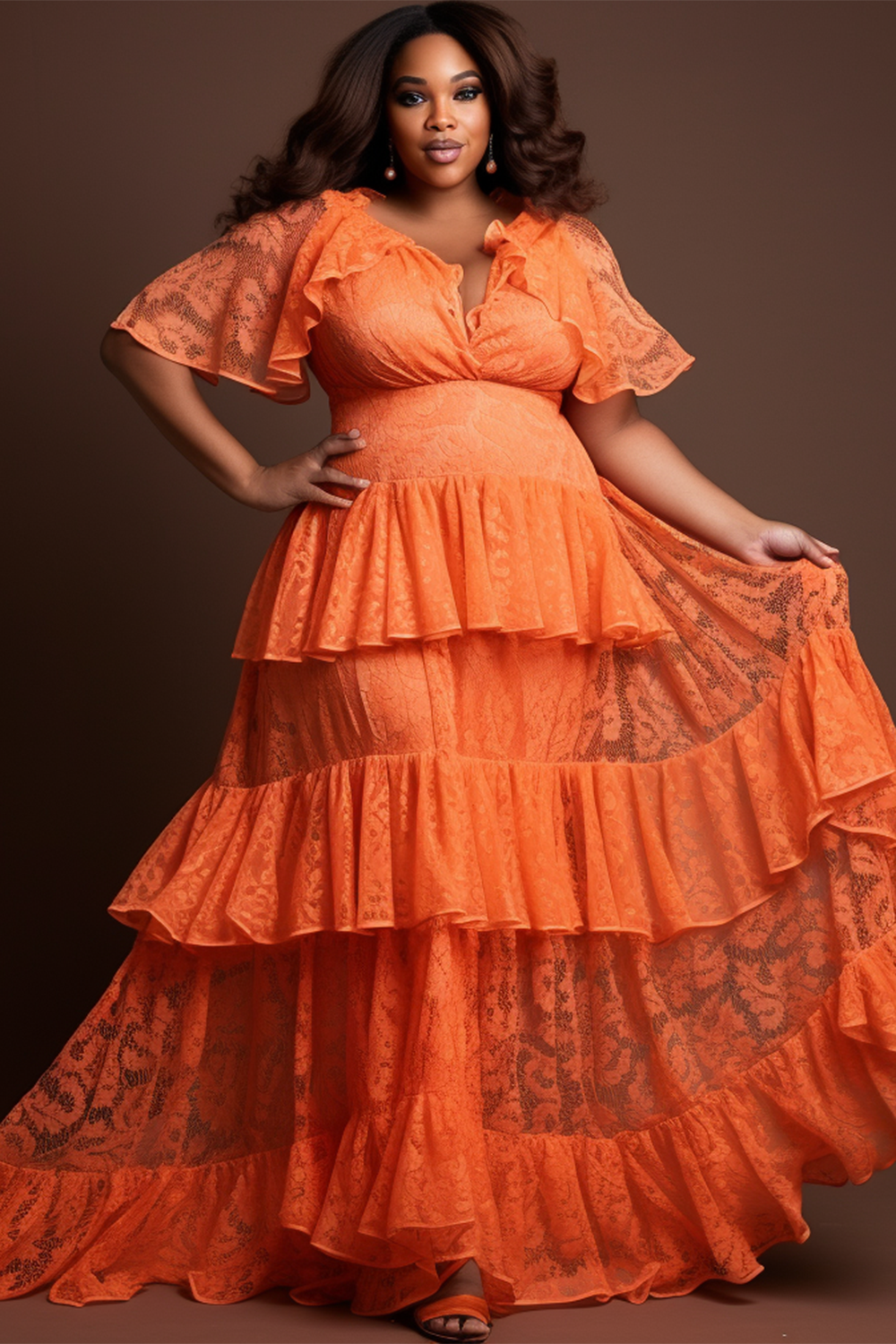 Design Plus Size Vacation Orange V Neck Ruffle Sleeve Flounce Lace Maxi Dresses [Pre-Order]