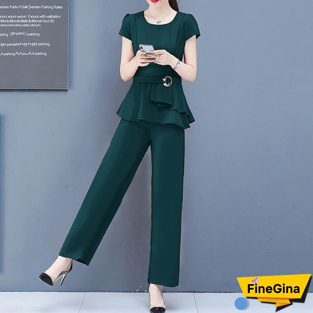 Summer 2 Two Piece Sets Outfits Women Plus Size Short Sleeve Tunics Tops And Pants Suits Office Elegant Korean Sets