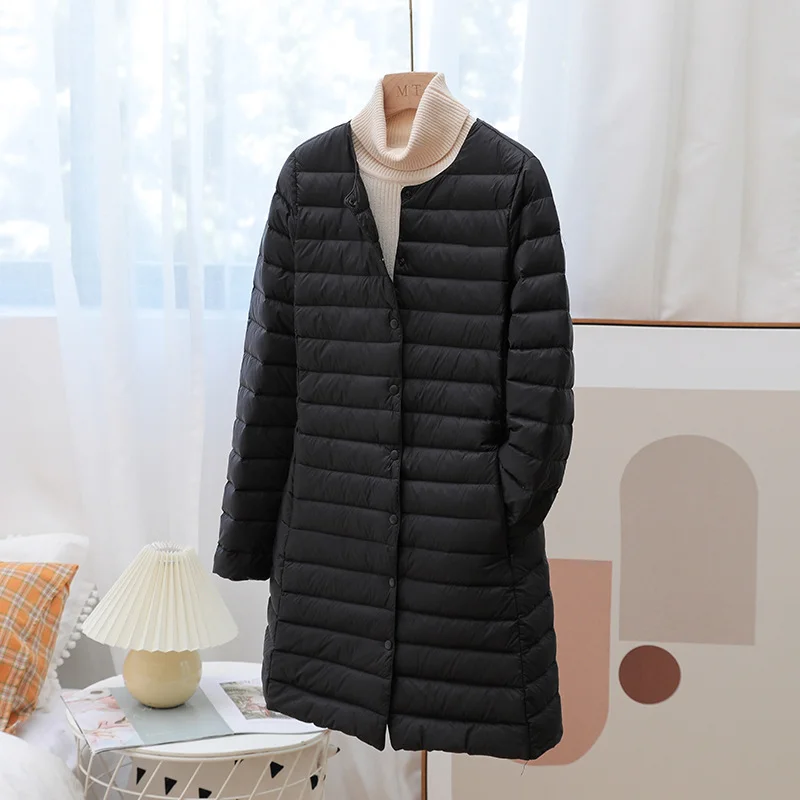Toloer Light Down Jacket Female Medium Long Round Collar Fashion Coat With V-Neck Warm Large Size Inner Bladder Coat Tide-Outfit Ideas