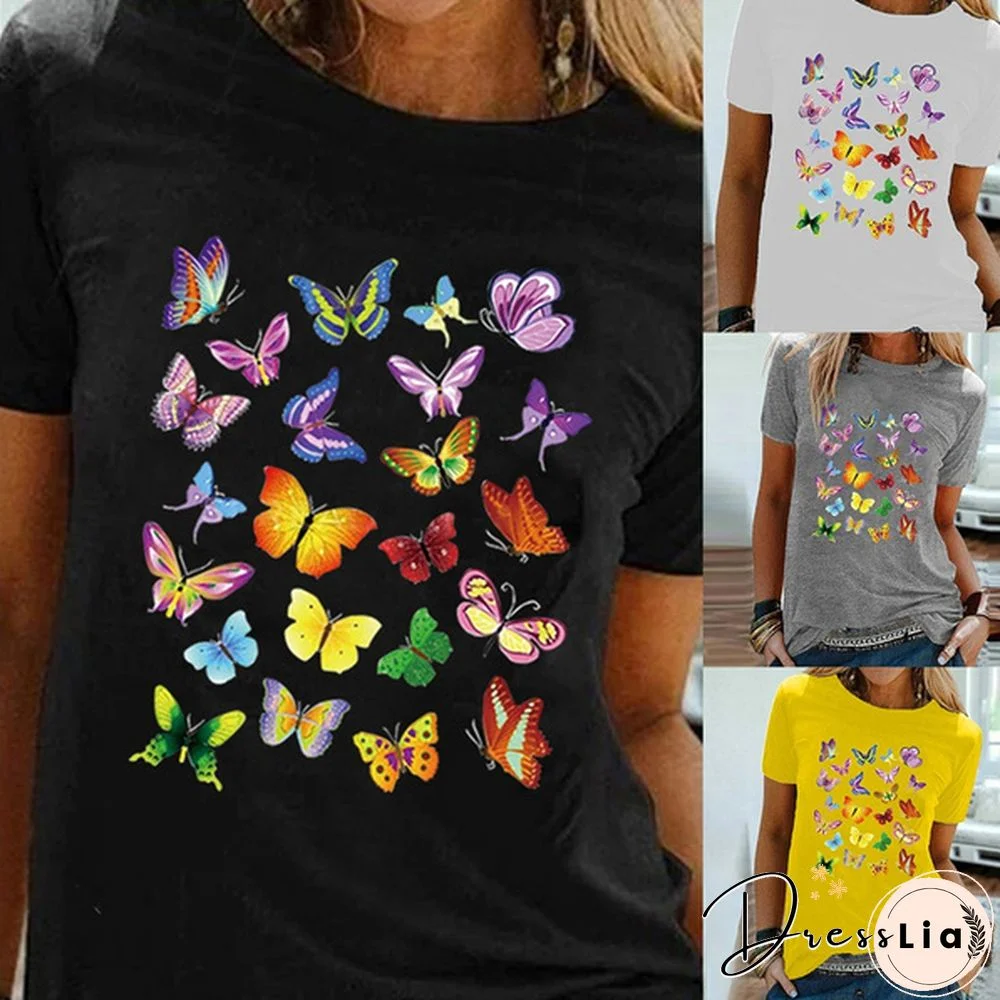 Colorful Butterfly Printed Female T Shirt Summer Fashion Short Sleeve Women T Shirts Round Neck Top Tees