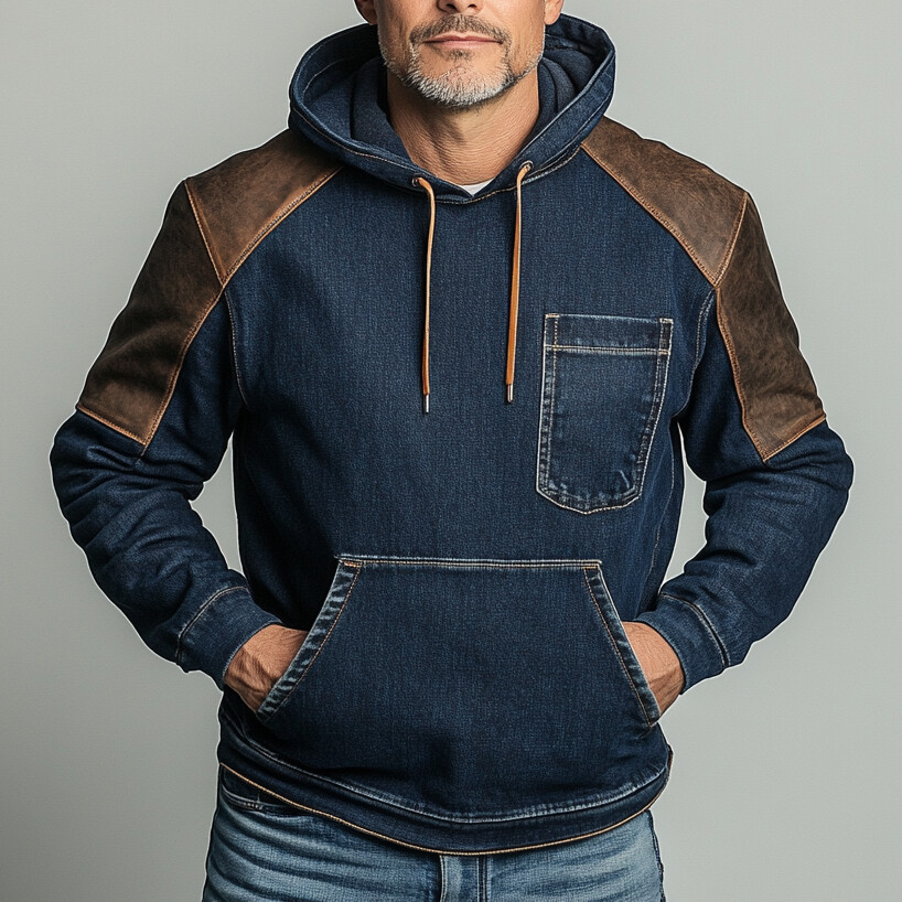 Men's Denim Patchwork Long Sleeve Pocket Drawstring Hoodie