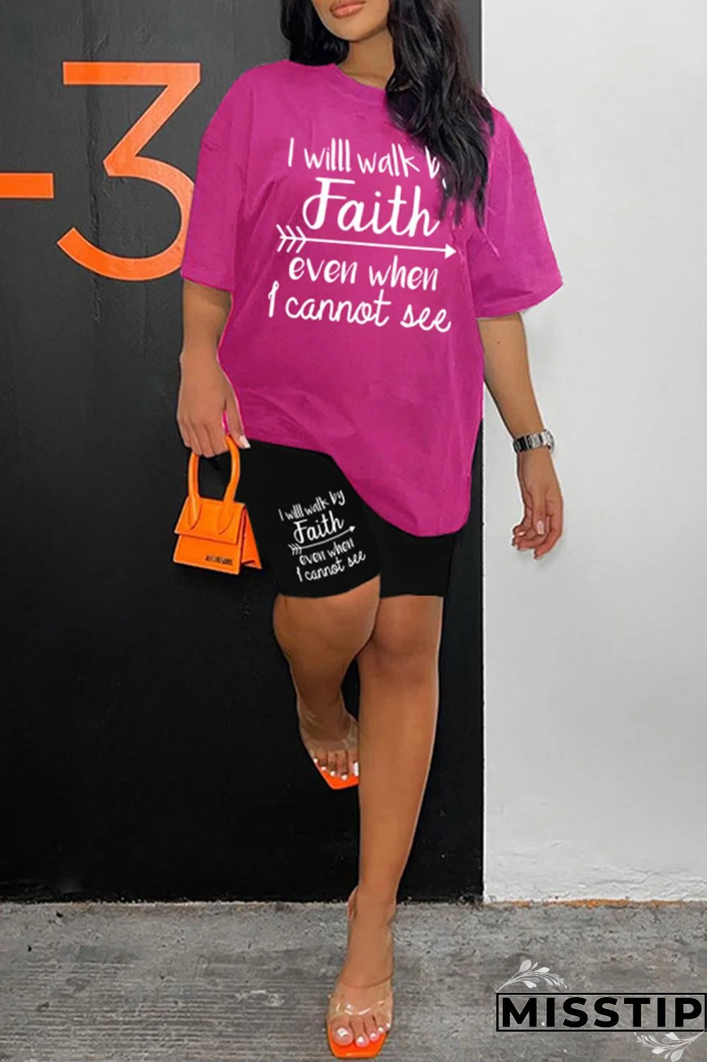 Rose Red Casual Letter Print Basic O Neck Short Sleeve Two Pieces