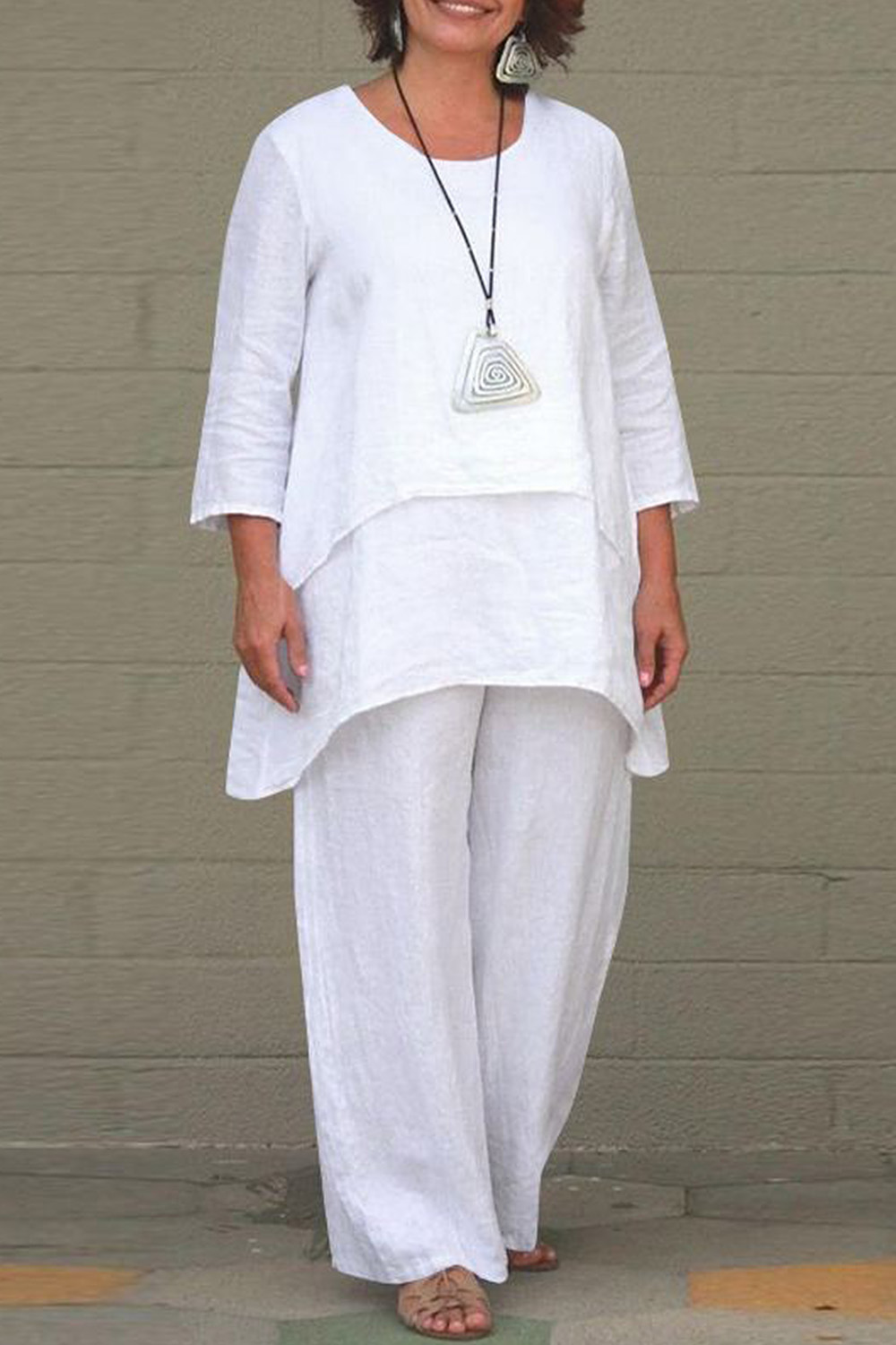 Plus Size Everyday White Cotton And Linen 3/4 Sleeve Layered Two Piece Pant Suit 2024 - Flycurvy 