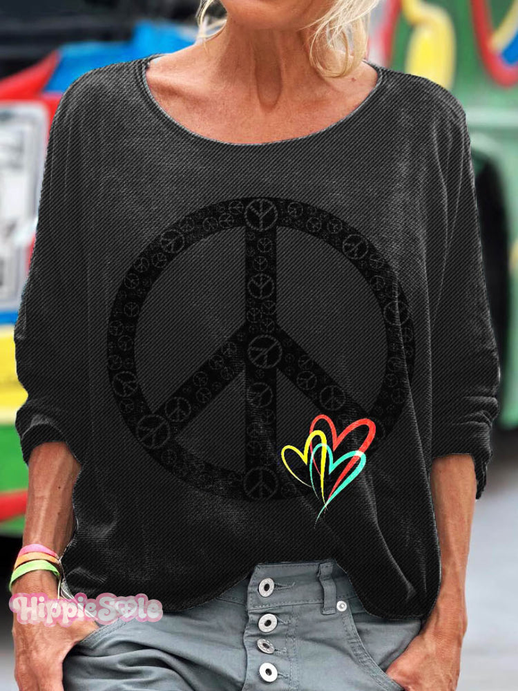 Women’s Peace And Love Pattern Art Print T-Shirt Black / S