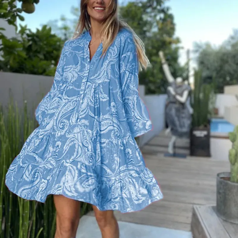 Paisley Printed Button Keyhole Back Belted Mini Dress