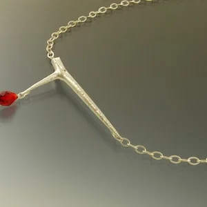 pornhint Pornhint Thorn necklace Gothic silver cast thorn with blood red crystal drop Halloween or wedding necklace silver and crystal necklace