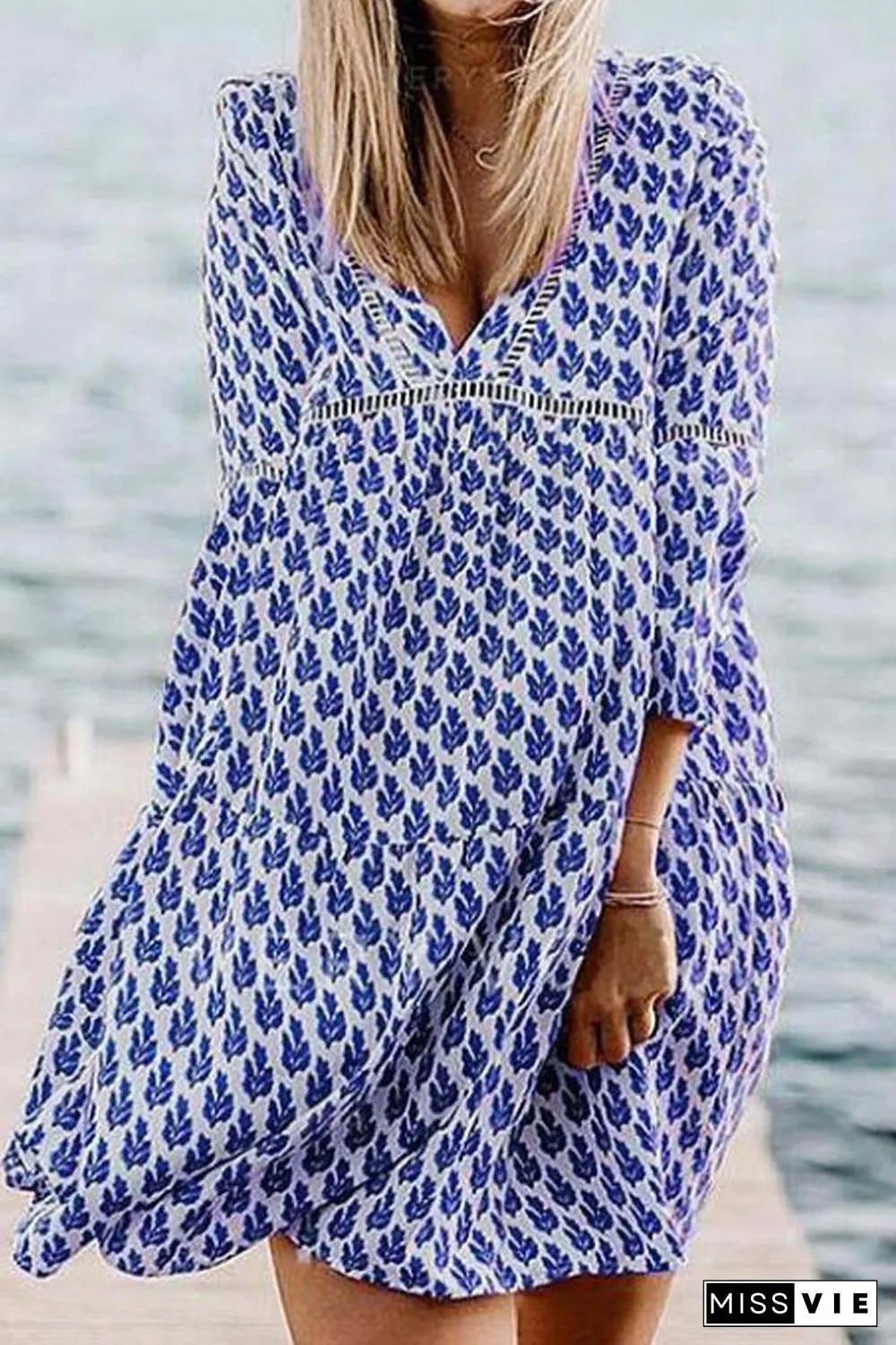 V-Neck Flare Three Quarter Sleeve Dress