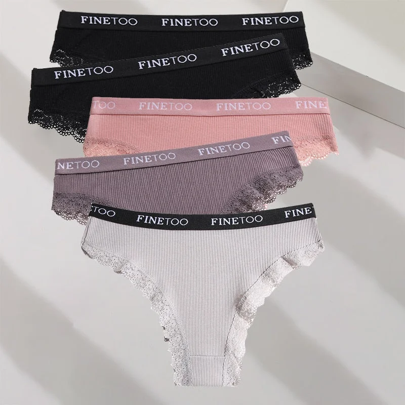 FINETOO 5PCS/Set M-XXL Cotton Panties Women's Letter Thong  Girls Brazilian Panty Sexy Lace Underwear For Woman Lingerie Bikini