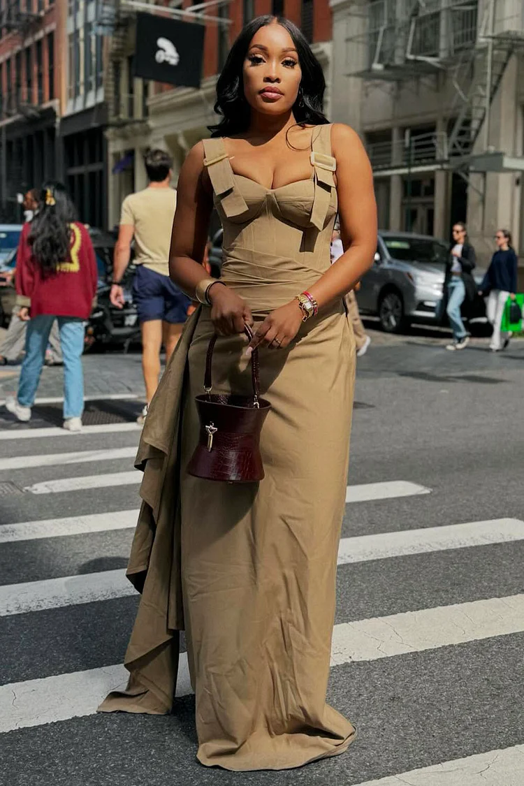 Straps Cinch Waist Sash Decor Cargo Sleeveless Maxi Dresses-Khaki [Pre Order]