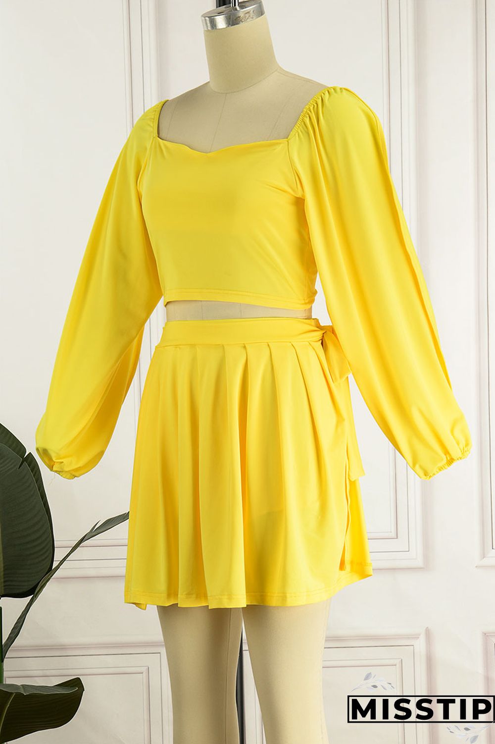 Black Casual Solid Bandage Patchwork Fold Square Collar Long Sleeve Two Pieces