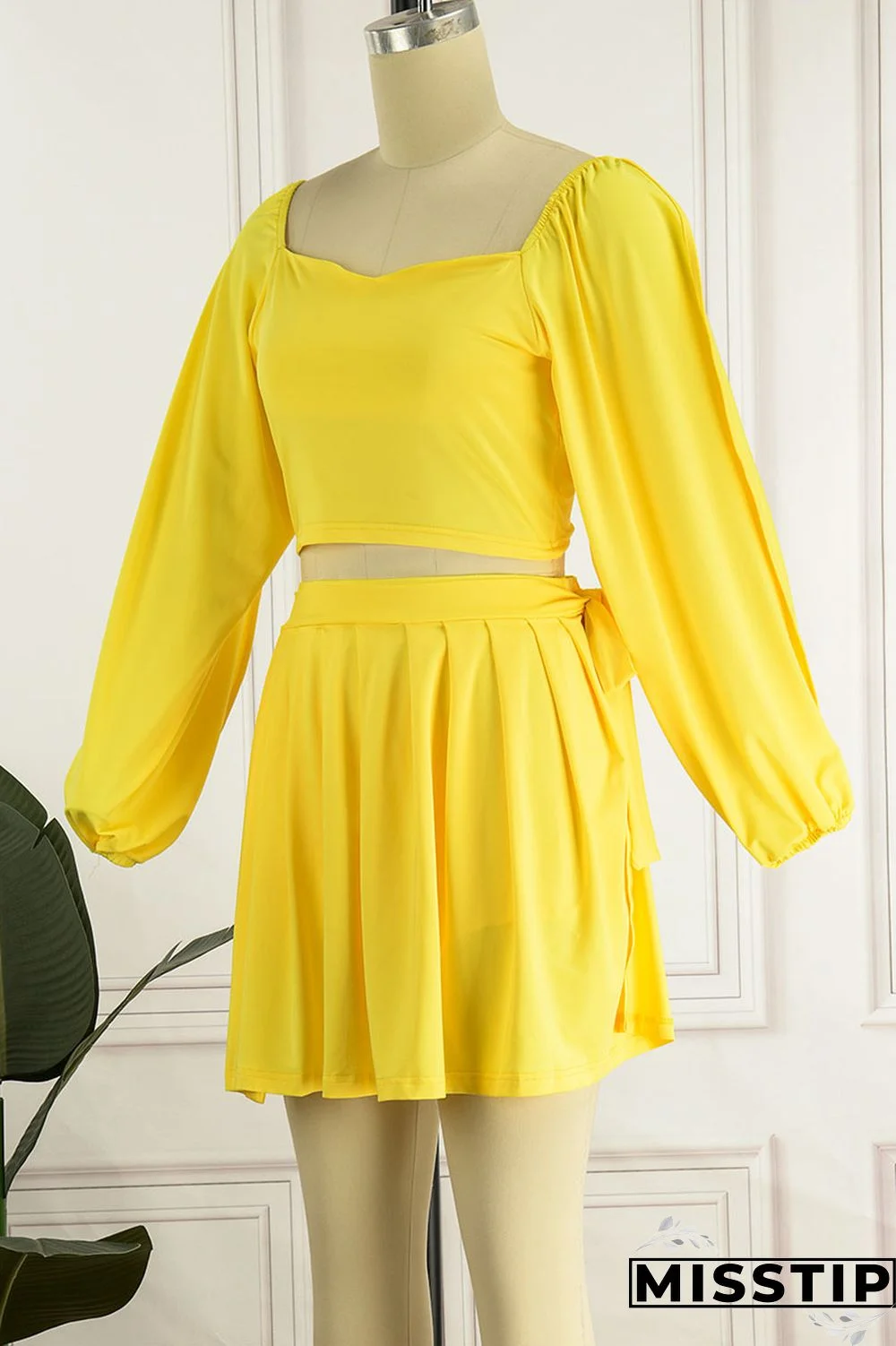 Black Casual Solid Bandage Patchwork Fold Square Collar Long Sleeve Two Pieces