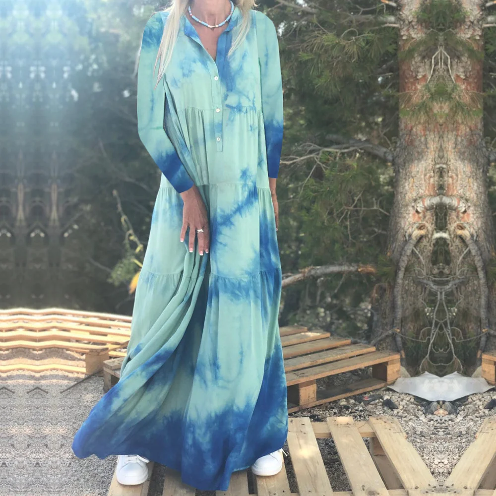 Printed And Dyed Long Sleeve Gradient Large Hem Maxi Dress