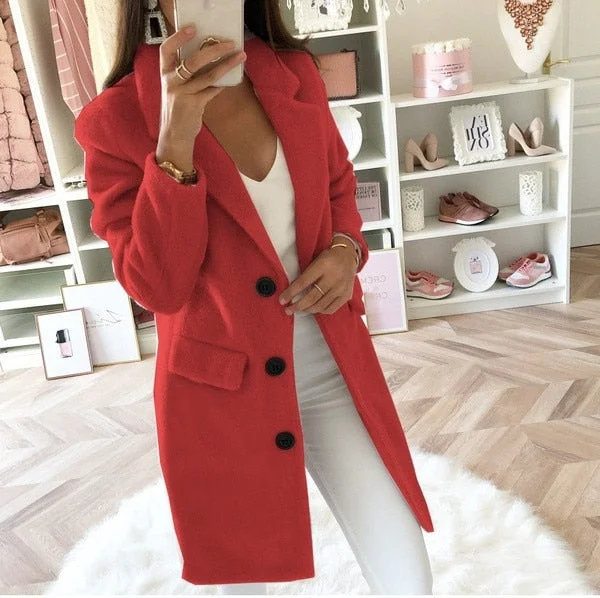 Women's autumn and winter solid color suit collar mid-length double-breasted woolen coat