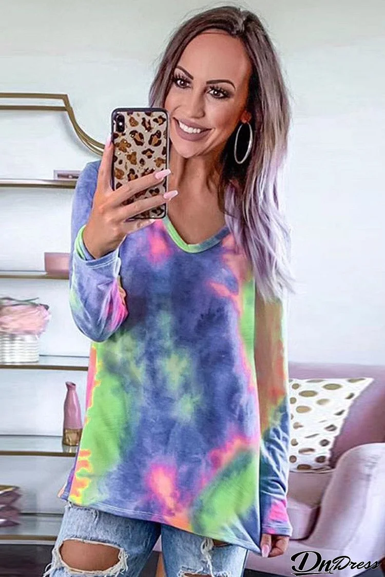 Tie-dye V Neck Long Sleeves Top