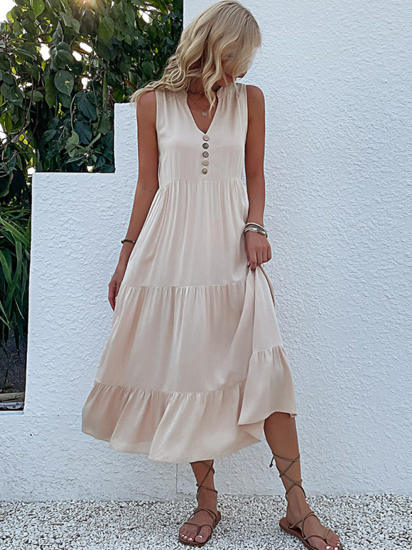 Mature Women Summer Tank Top Sleeveless Loose Casual Solid Color Dress