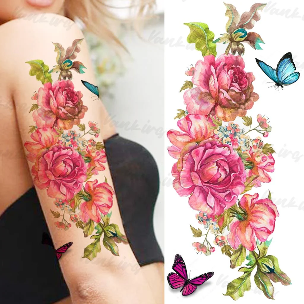 Sdrawing Flower Temporary Tattoos For Women Girls Realistic Lavender Butterfly Flower Fake Tattoo Sticker Forearm Body Tatoos 3D