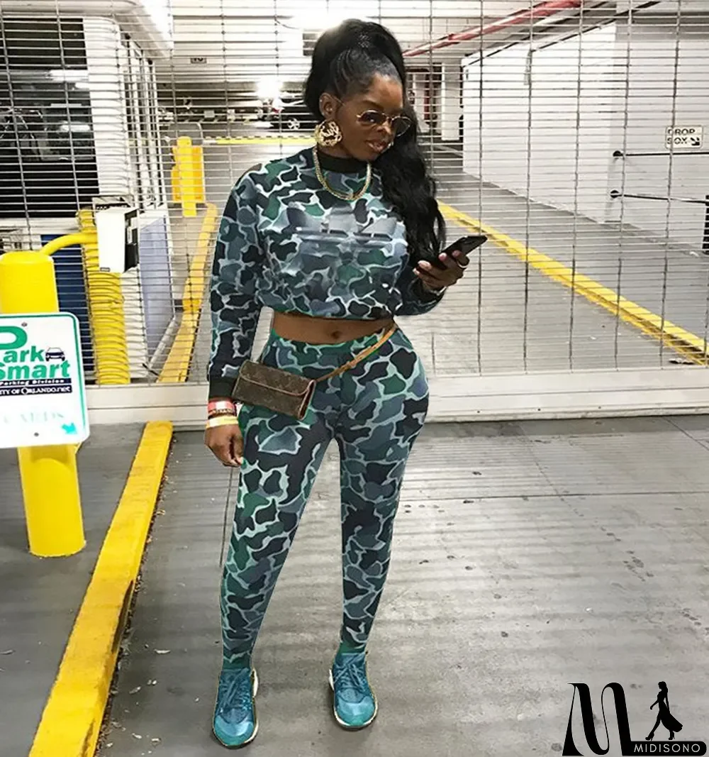 MidiSono - Camo Print Long Sleeve Two Piece Pants Set