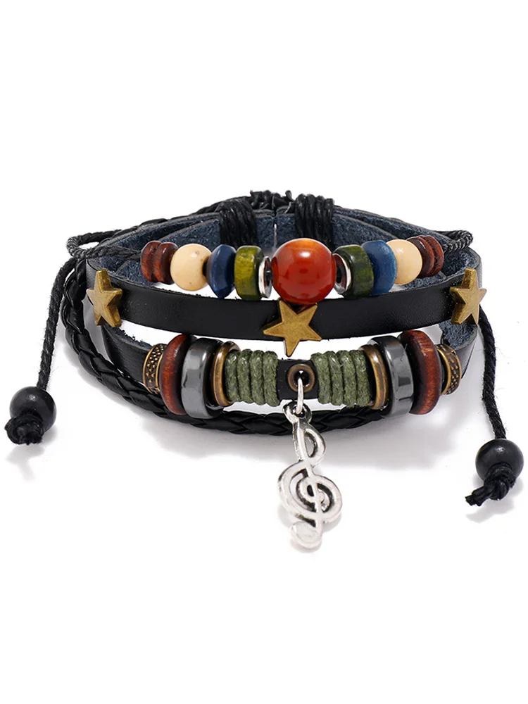 Musical Note Charm Leather Woven Bracelet