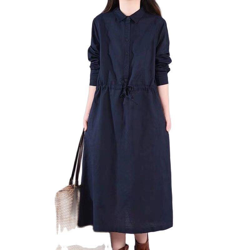 2021 New Arrival Long Sleeve Autumn Dress Turn-down Collar Draw String Slim Office Lady Work Dress Women Casual Spring Dress