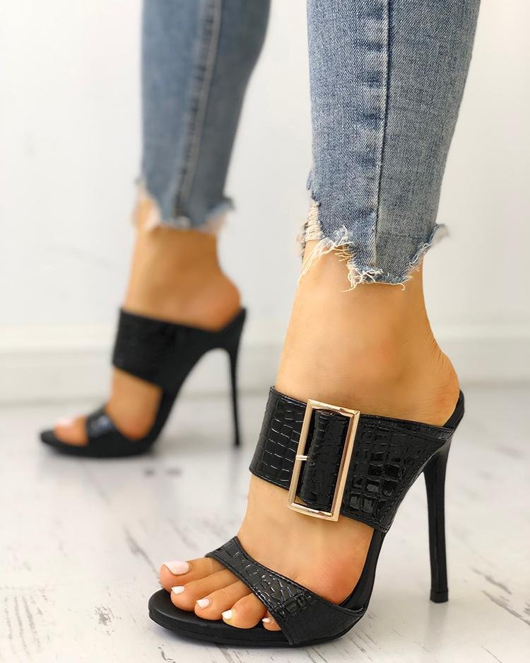 Solid Snakeskin Buckled Thin Heeled Sandals