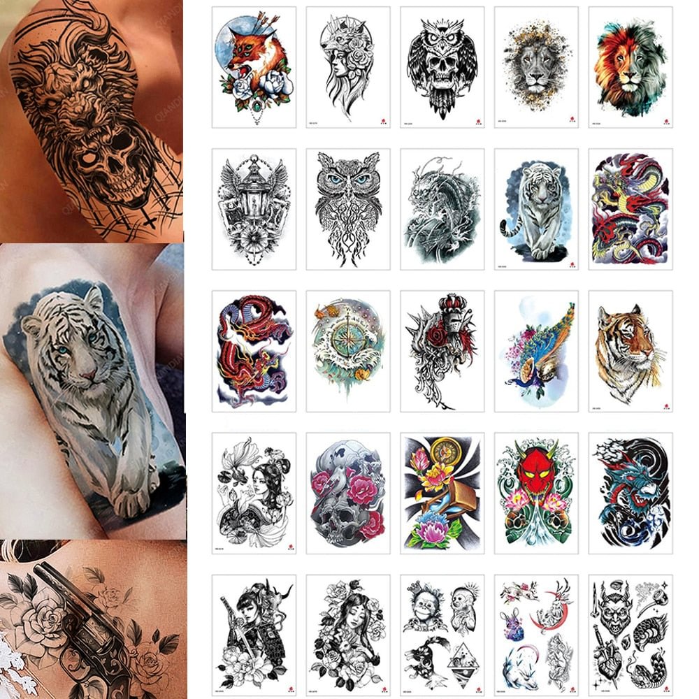 100 Piece Wholesales Waterproof Temporary Tattoo Sticker Tiger Skull Dragon Snake Flower Body Arm Mandala Cool Sleeve Man Women