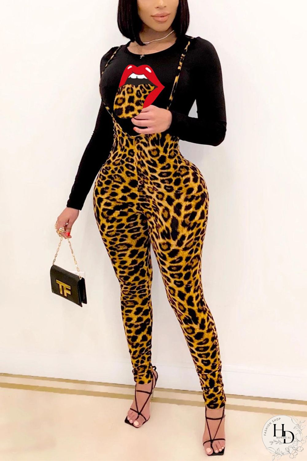 Leopard print Fashion Casual Leopard Lips Printed Basic O Neck Long Sleeve Regular Sleeve Regular Two Pieces