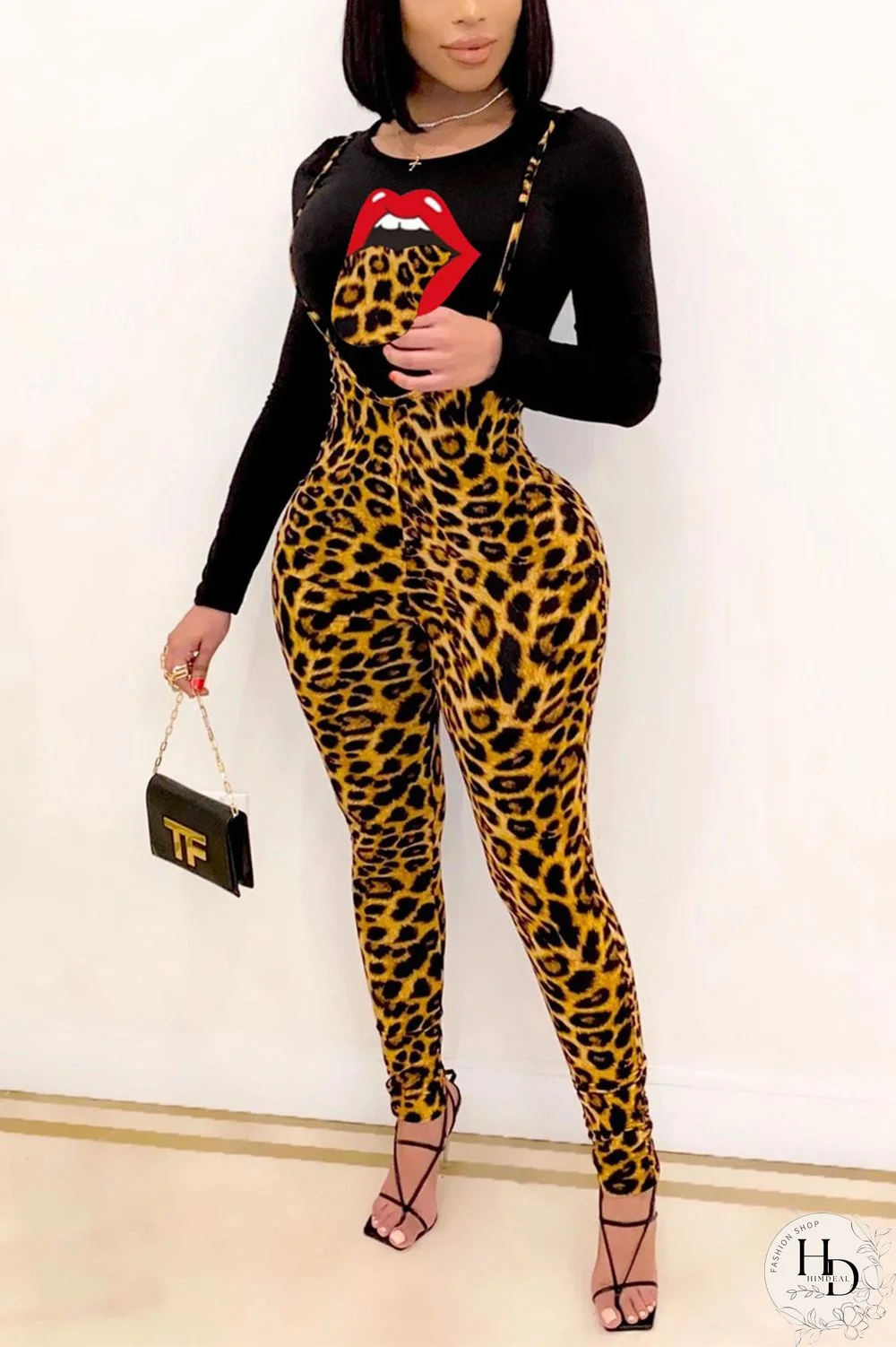 Leopard print Fashion Casual Leopard Lips Printed Basic O Neck Long Sleeve Regular Sleeve Regular Two Pieces