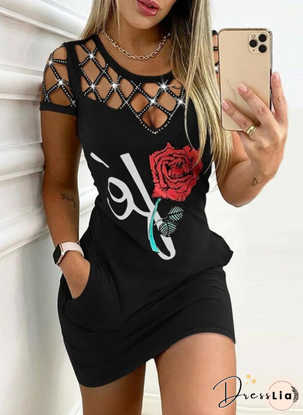 Summer Women Fashion Rose Printed Dress Home Casual O Neck Hollow Out Short Sleeves Dress Slim Package Hip Short Dress Sexy Street Style Club Dress