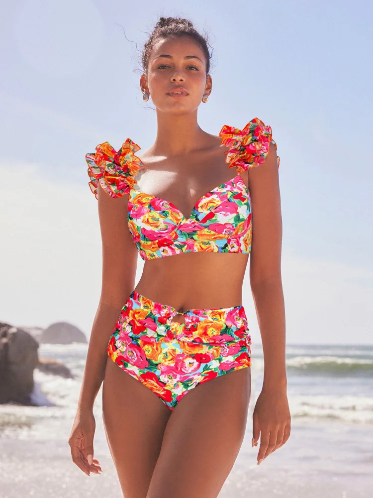 Ruffled Straps Floral Print Bikini Swimsuit and Sarong