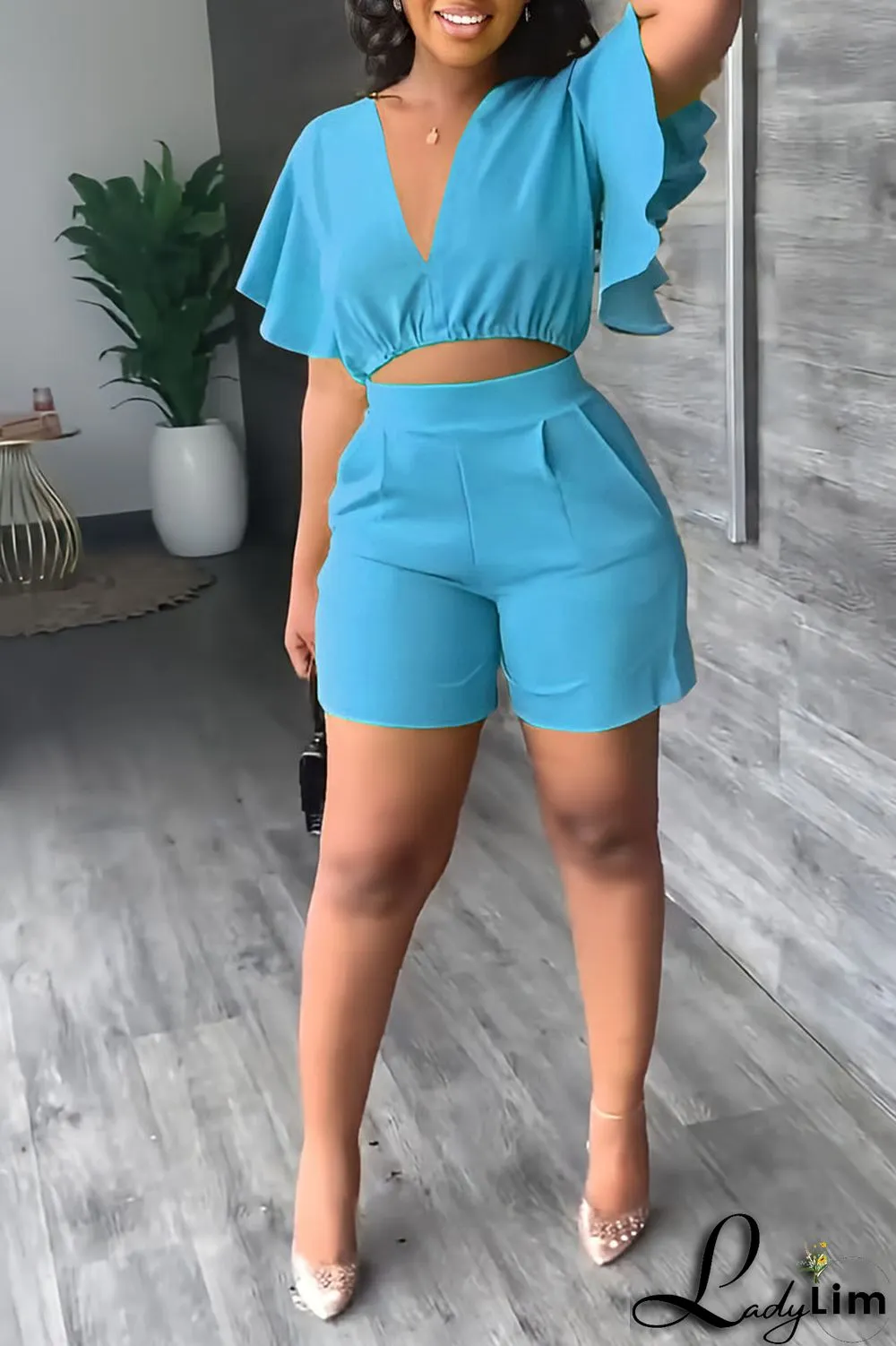 Blue Casual Solid Patchwork Flounce V Neck Short Sleeve Two Pieces
