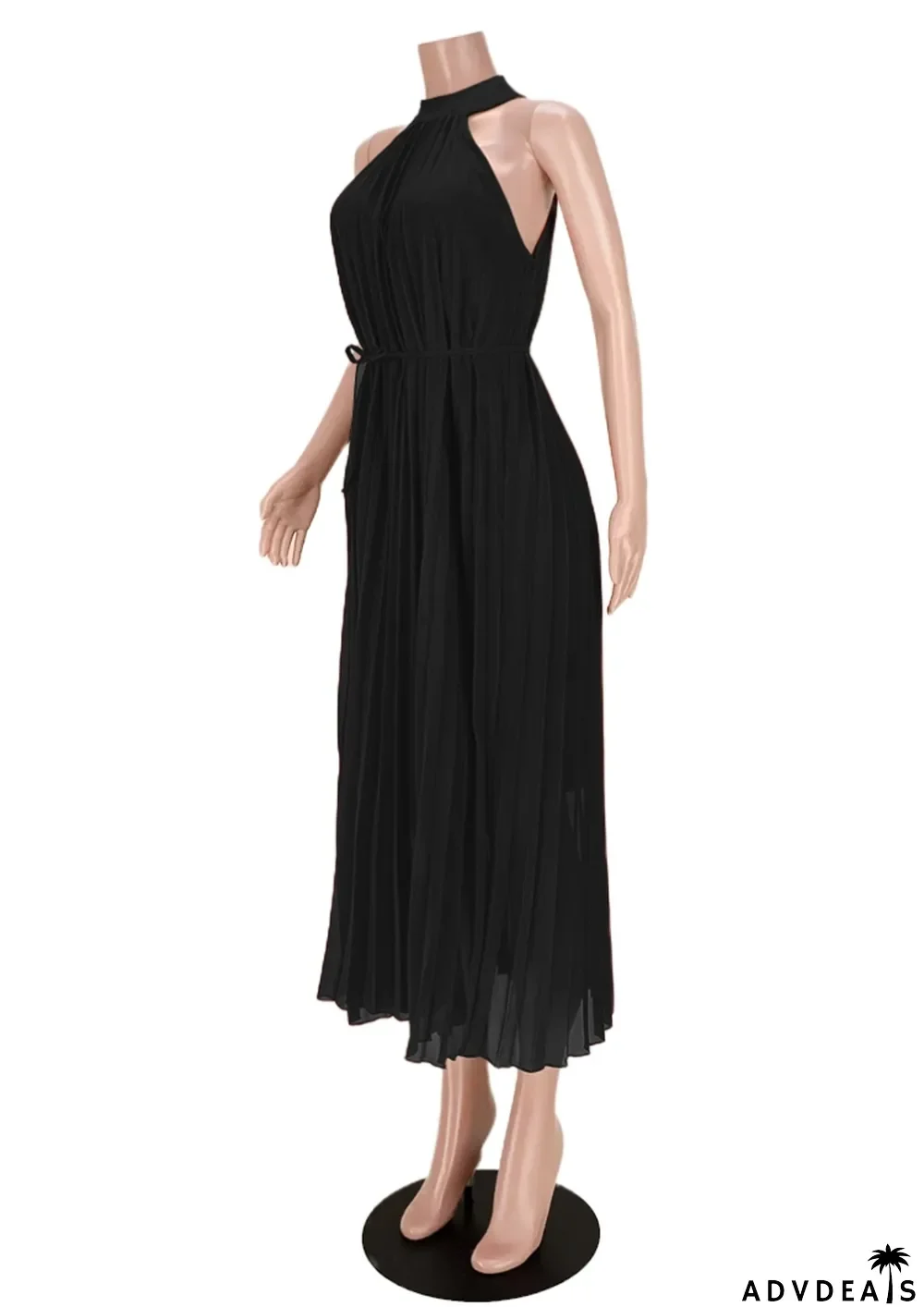 Women Summer Black Modest Turtleneck Sleeveless Solid Pleated Maxi Dress