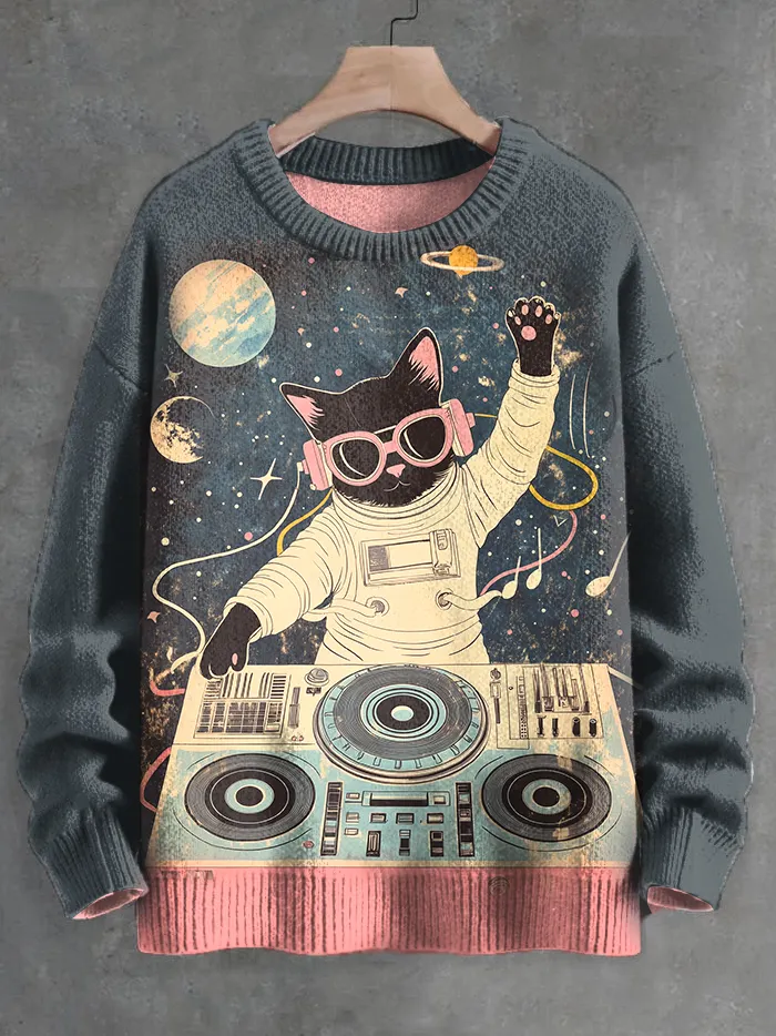 Men's Outer Space Cat DJ Music Print Knit Sweatshirt