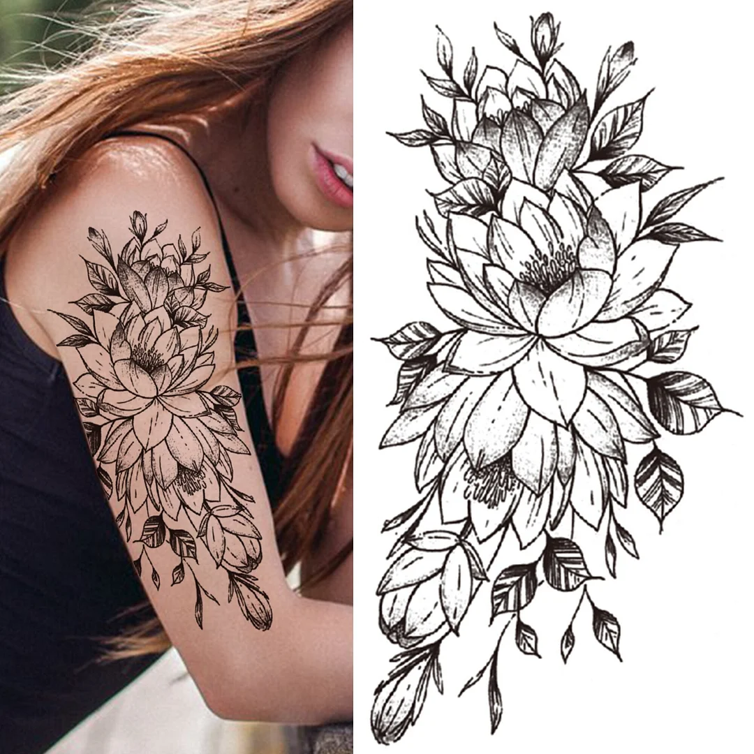 Black 3D Rose Temporary Tattoo For Women Girls Adult Peony Dahlia Flower Tattoos Sticker Black Flora Glory Geometric Arm Tatoos