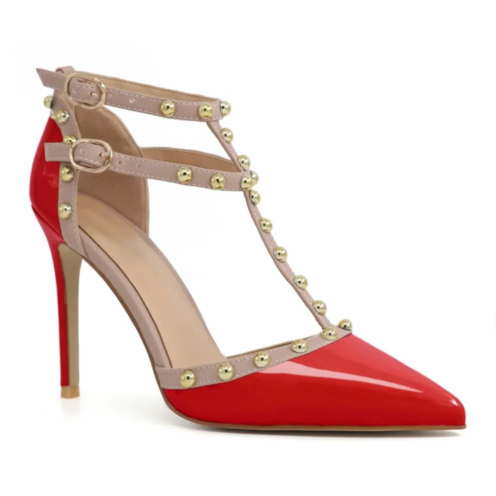 100mm Womens Pointed Toe Pumps Round Rivets Ankle Strap Sandals-vocosishoes
