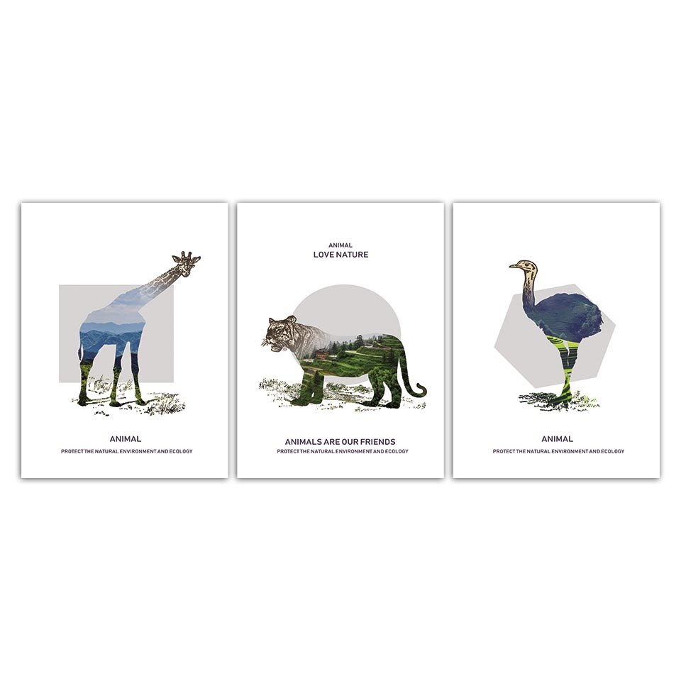 HD Canvas Art Animal Painting For Office Wall Decoration 3 Pieces Ostrich Giraffe