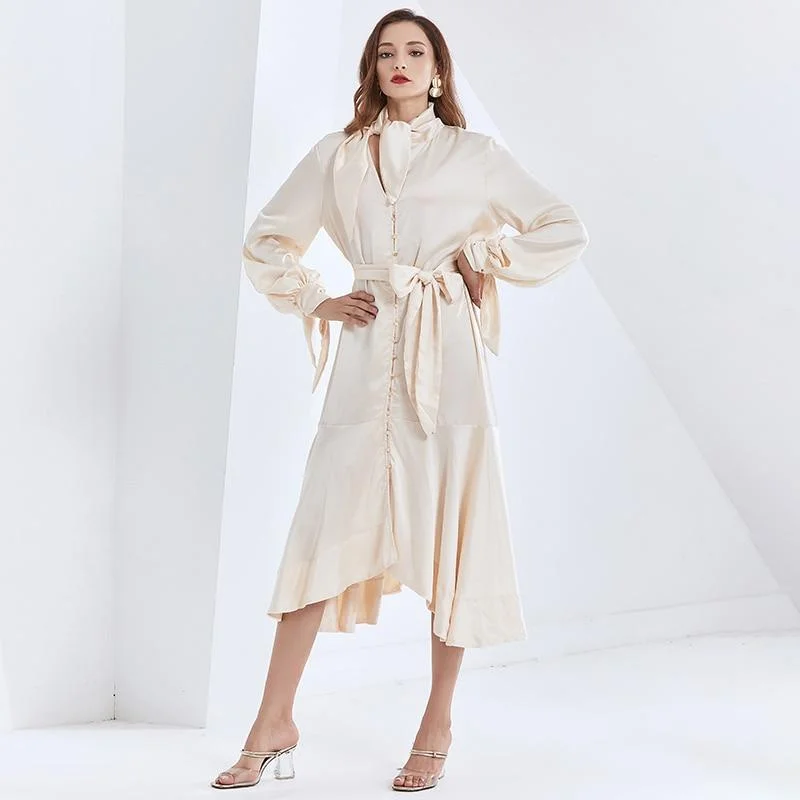 ABEBEY Patchwork Ruffle Dresses For Women Lace Up Lantern Sleeve High Waist With Belt Slimming Women's Vintage Dress New