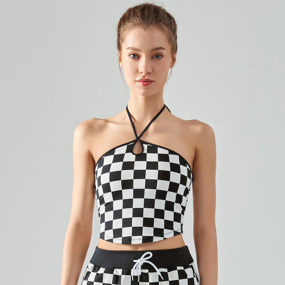 Buy different colors and types of high impact checkerboard print open back workout halter neck gym top bra on Hergymclothing Black White Plaid