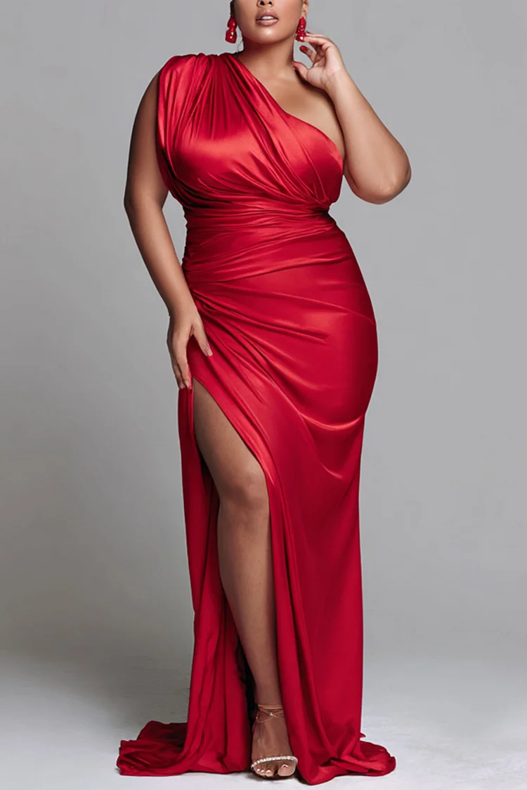 Xpluswear Design Plus Size Formal Red Oblique Collar Split Elegant Ruffled Satin Maxi Dresses [Pre-Order]