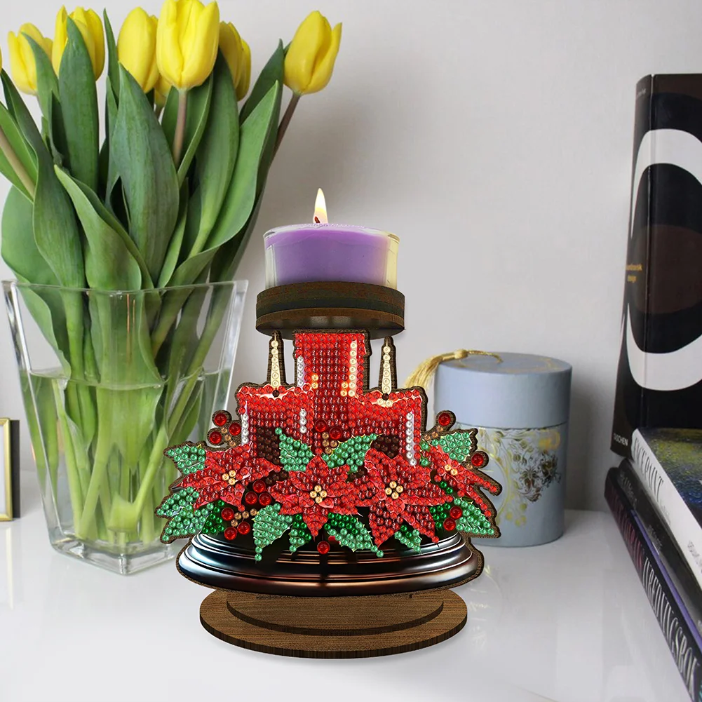 Wooden Red Flower Candle 5D DIY Diamond Painting Candle Holder Decor for Adults