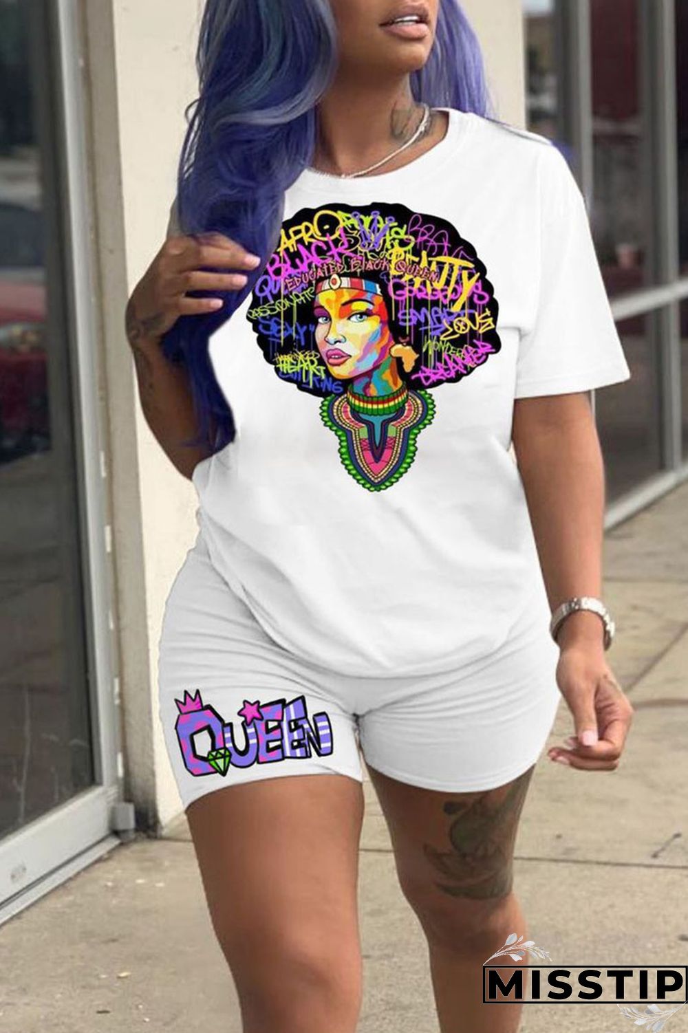 Black Casual Print Patchwork O Neck Short Sleeve Two Pieces