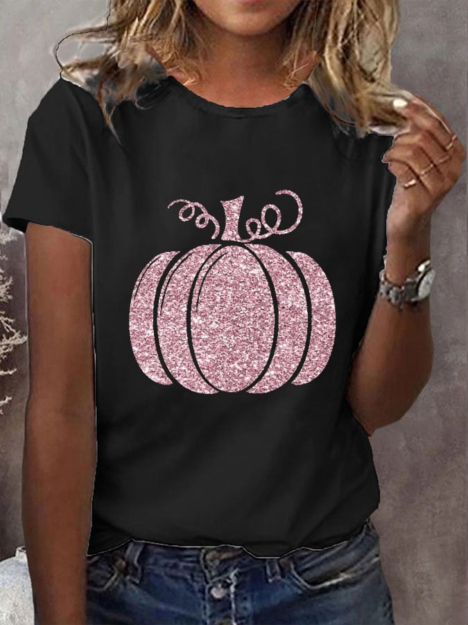 Women's Pink Out Glitter Pumpkin Breast Cancer Awareness Print T-Shirt