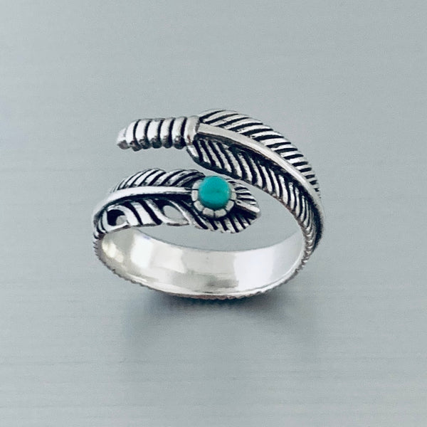 Sterling Silver Feather Ring with Synthetic Turquoise, Feather Ring, Silver Ring, Angels Wing