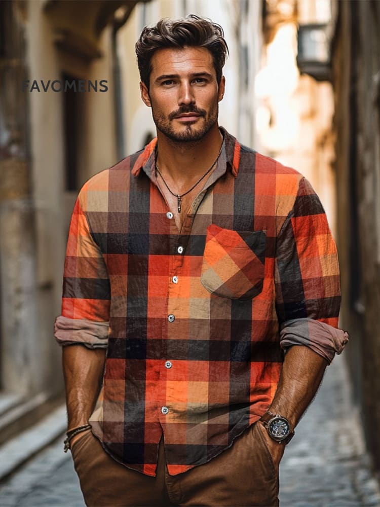 Vintage Casual Plaid Pattern Stripe Art Print 100% Cotton Long Sleeve Shirt Multicolor / S
