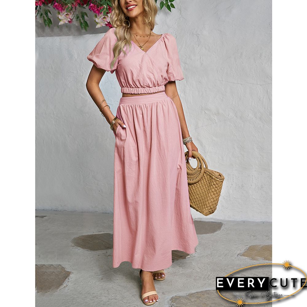 Pink V Neck Crop Top and Pocket Skirt Set