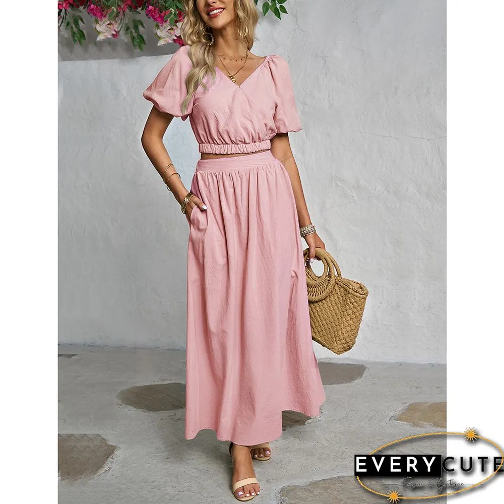 Pink V Neck Crop Top and Pocket Skirt Set