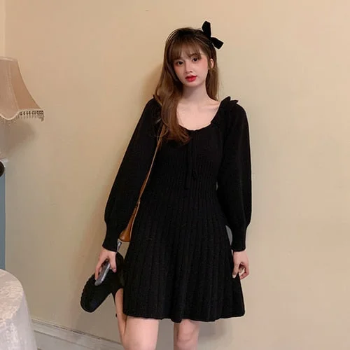 Billlnai 2023 Winter Knitted Dress Women Sweet Ruffles O-Neck Elegant Sweater Mini Dress Vintage Kawaii One-Piece Dress Korean  Autumn