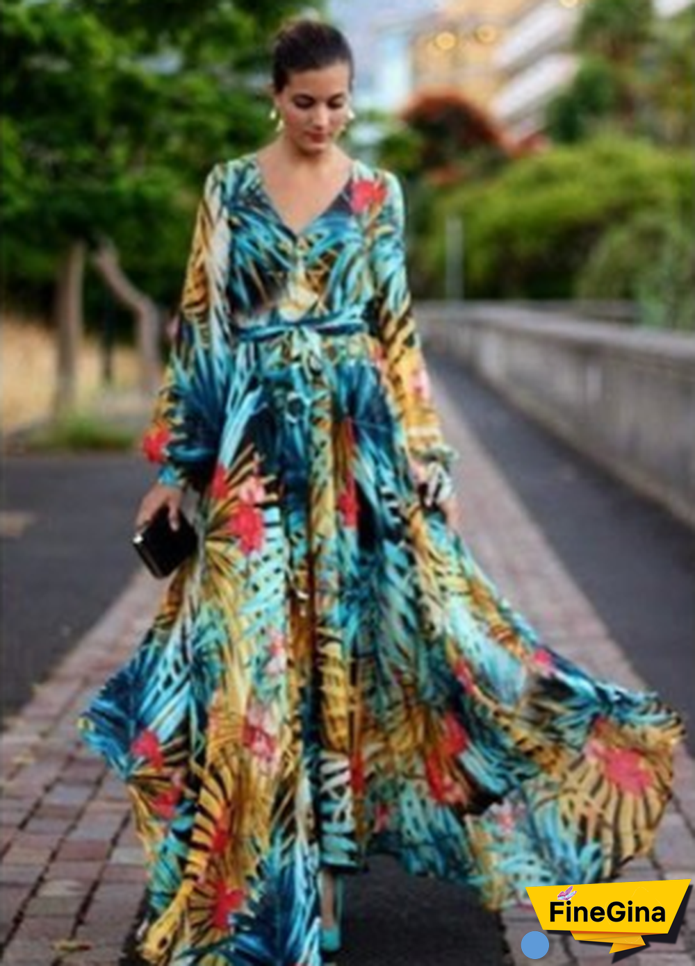 Green Purple Tropical Beach Vintage Maxi Dresses Long Sleeve Dress Boho Casual V Neck Belt Lace Up Tunic Plus Size Dress