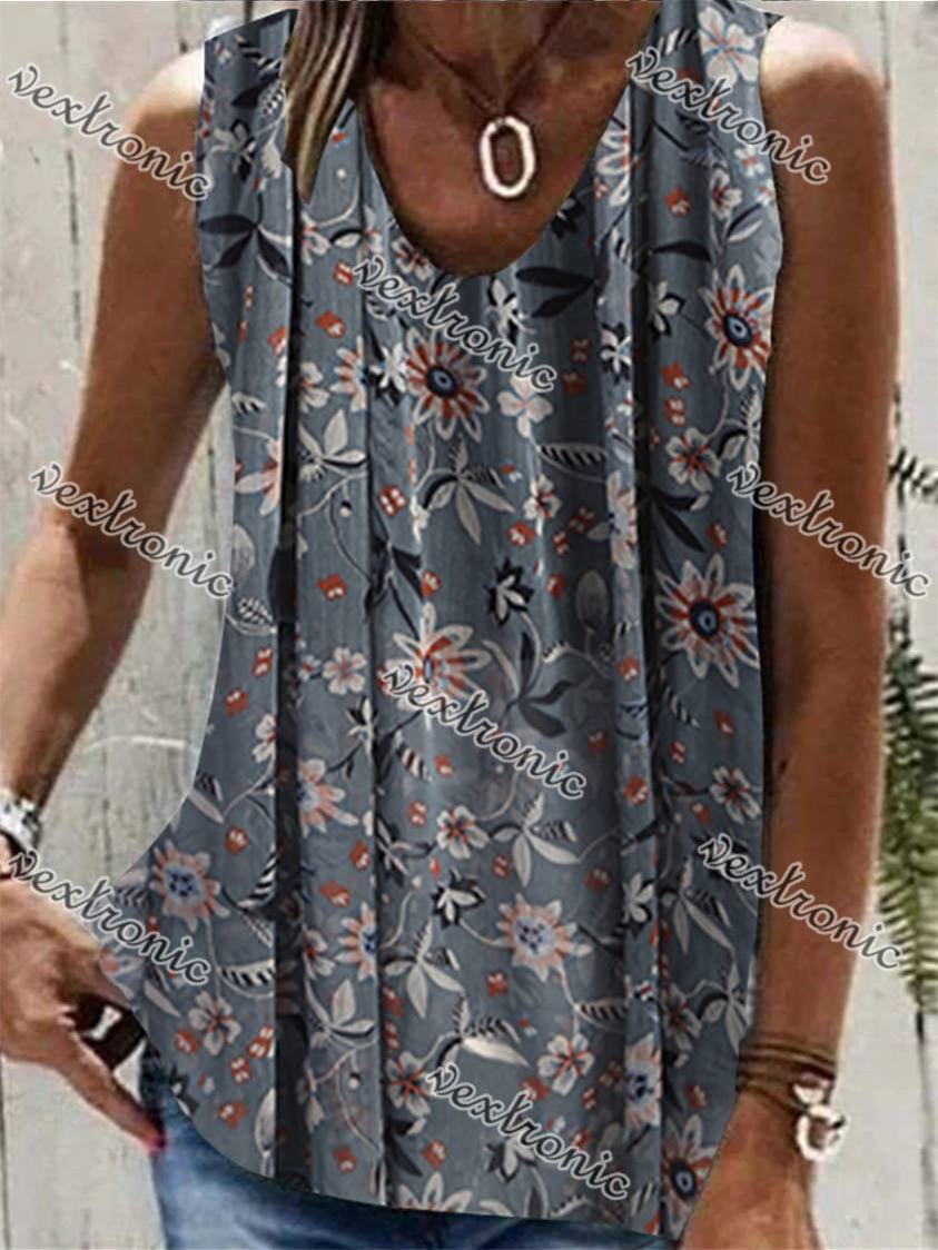 Women's Gray V-neck Sleeveless Floral Printed Top